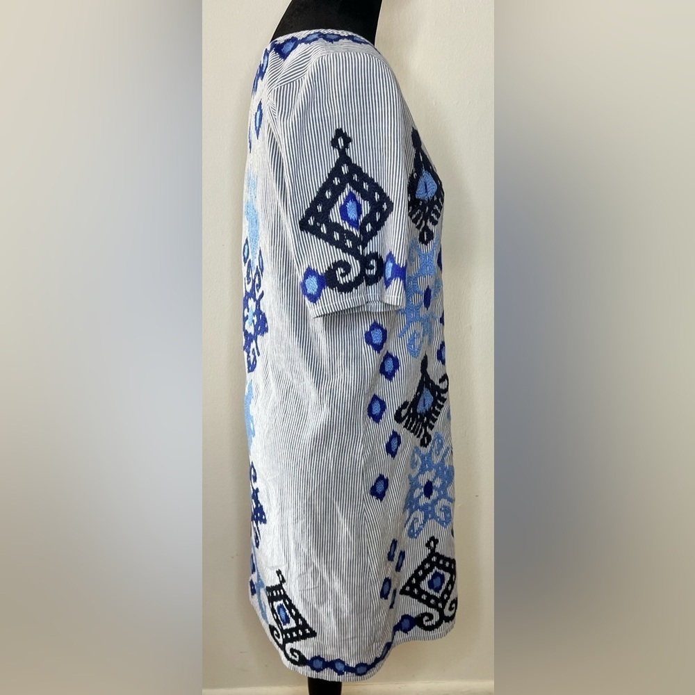 Rose and Rose preppy resort wear embroidered pinstriped tunic dress blue XS EUC - Picture 3 of 10